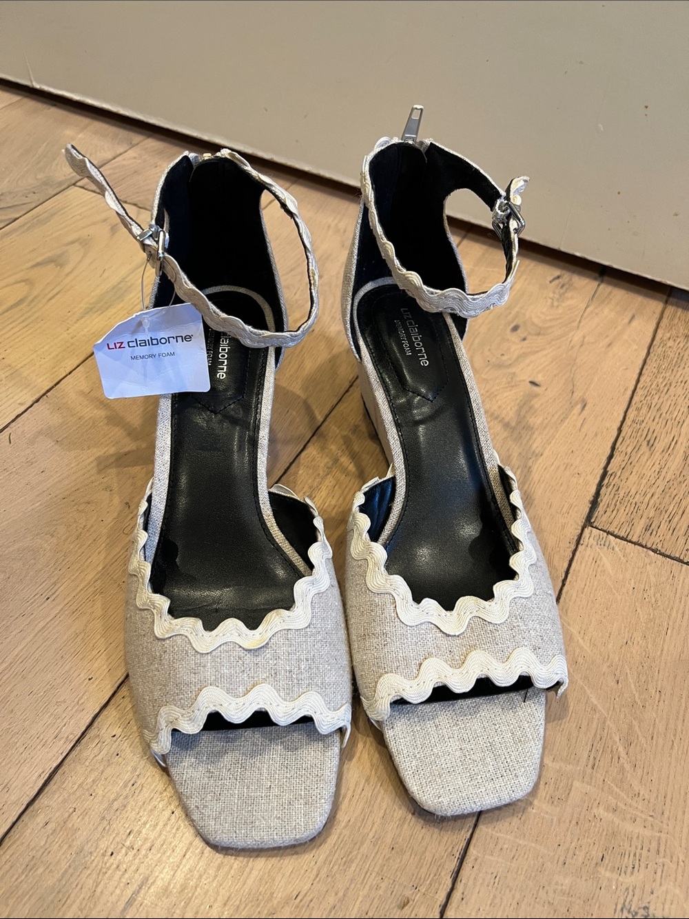 Liz Claiborne Neutral Beige Wavy-Trim Ankle Strap Heels
